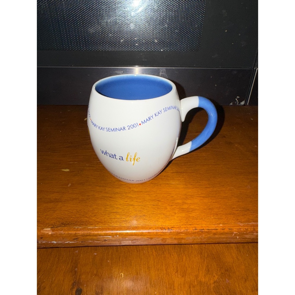 Mary Kay Seminar 2001 Coffee Mug What A Life Butterfly Blue White Ceramic Cup‎